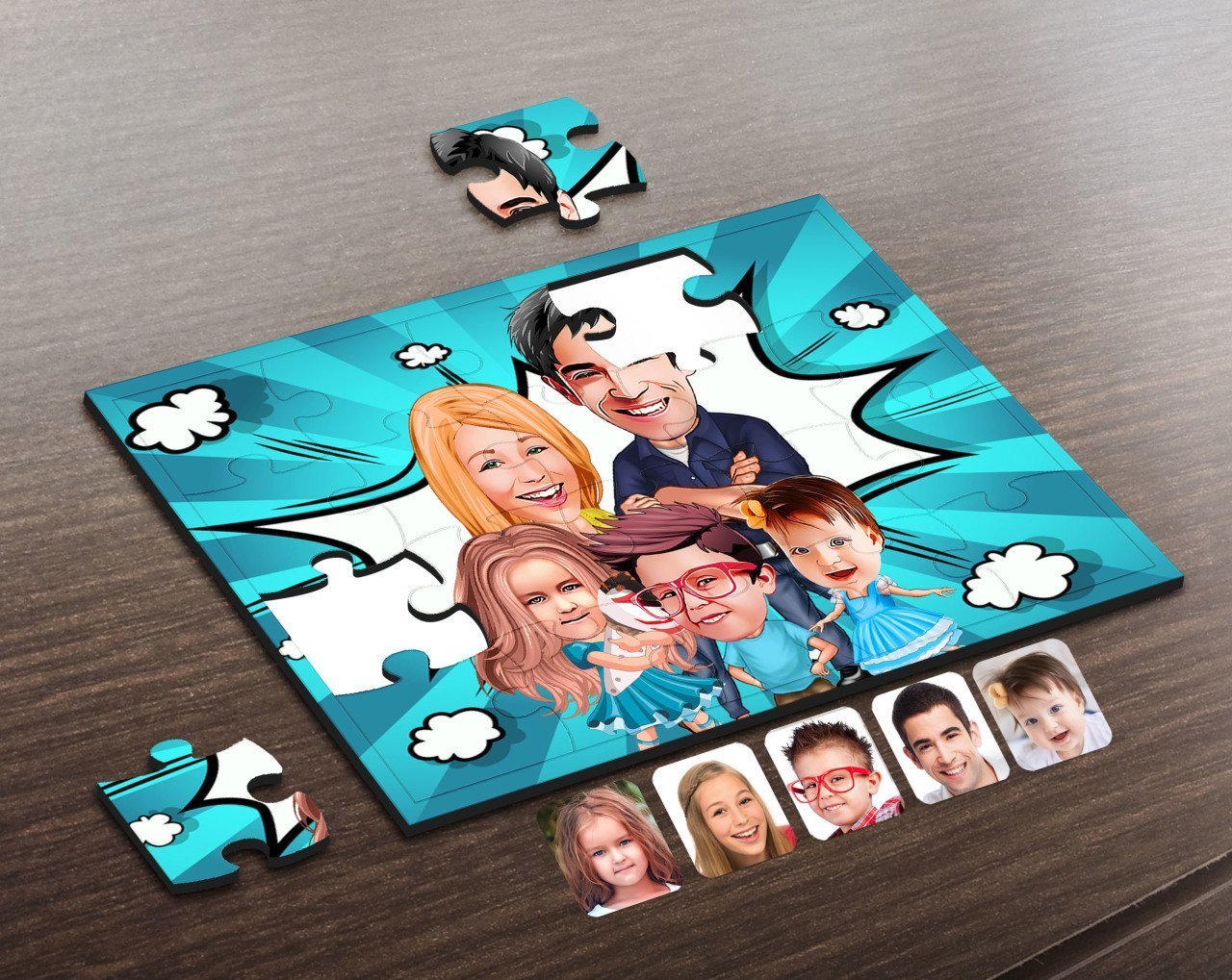 Kişiye Özel Aile Karikatürlü Ahşap Puzzle-7