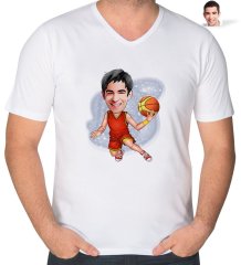 Kişiye Özel Erkek Basketbolcu Karikatürlü V Yaka Tişört-1