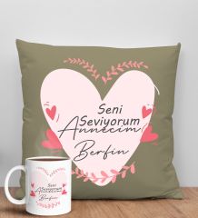 BK Gift Kişiye Özel İsimli Anneler Günü Tasarımlı Haki Kırlent Yastık ve Kupa Seti, Anneye Hediye, Ev Dekorasyonu, Anneler Günü Hediyesi-10