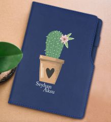 BK Gift Kişiye Özel Kaktüs Tasarımlı Lacivert Termo Deri Not Defteri 15x21cm-6