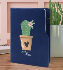 BK Gift Kişiye Özel Kaktüs Tasarımlı Lacivert Termo Deri Not Defteri 15x21cm-6