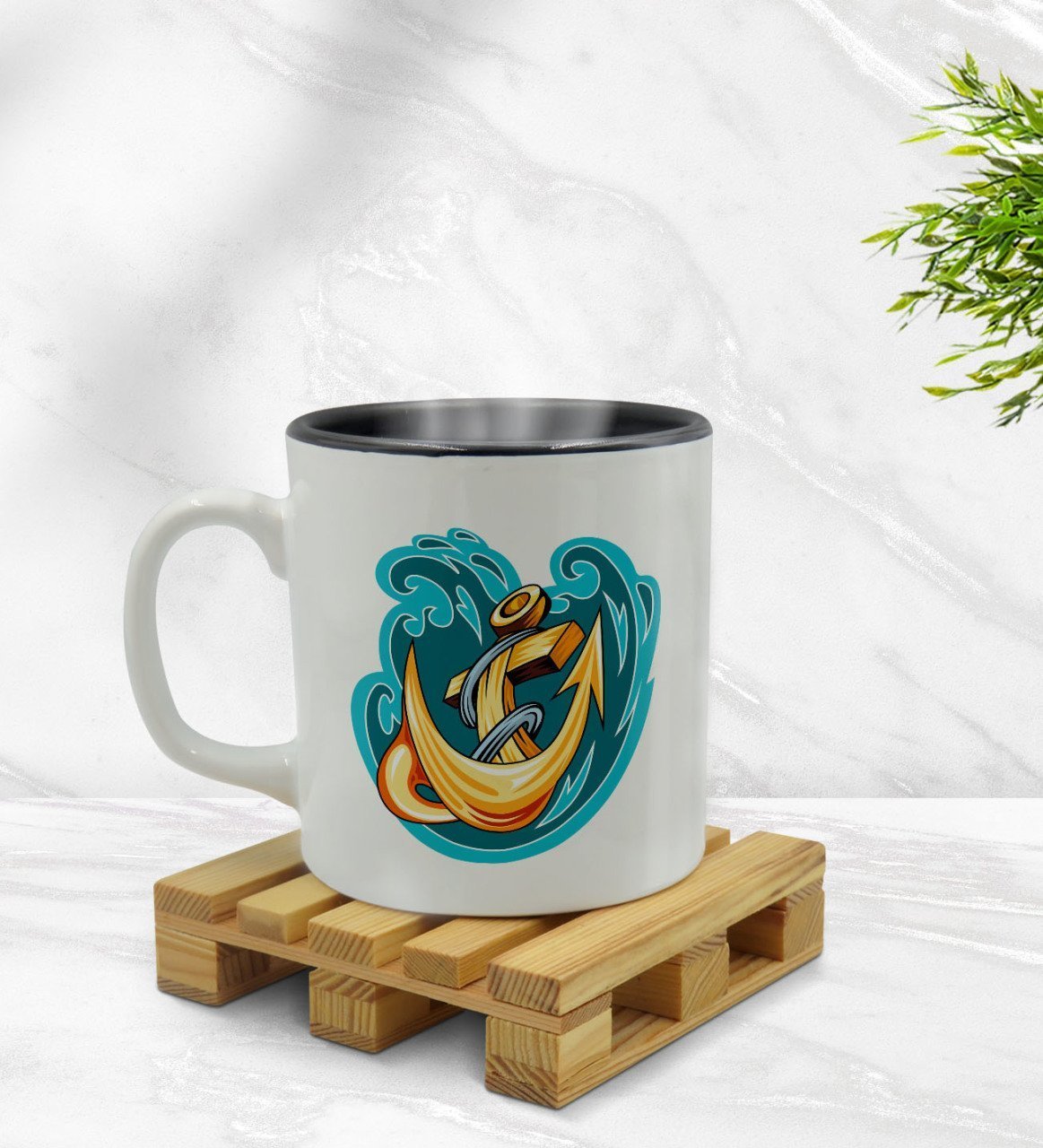 Bk Gift Çapa Tasarımlı İçi Siyah Renkli Kupa Bardak Model 1