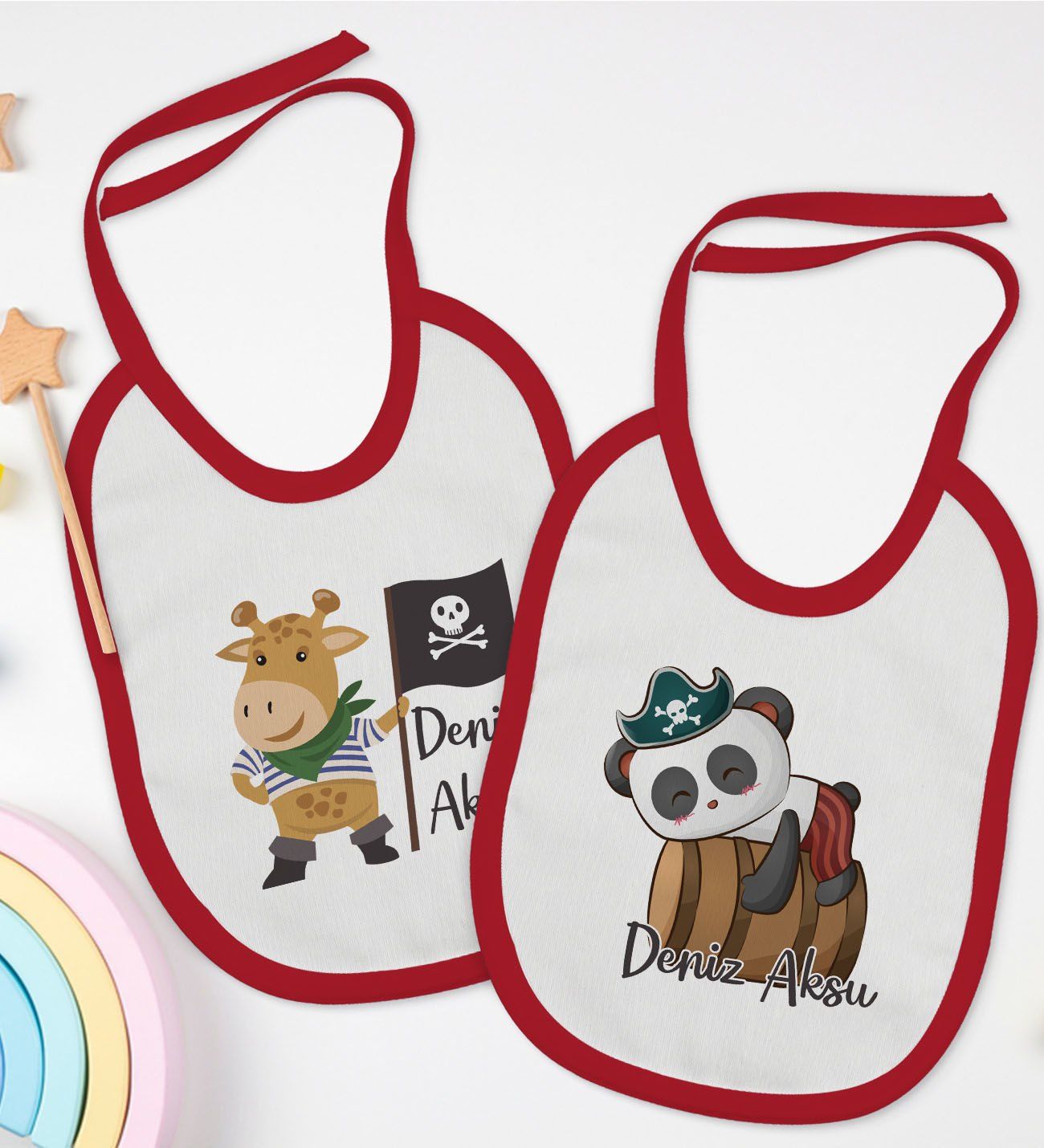 BK Kids Kişiye Özel Sevimli Korsan Tasarımlı 2’li Kırmızı Mama Önlüğü-1