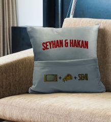 BK Gift Kişiye Özel Tasarımlı Organizer Kumanda ve Atıştırmalık Cepli Gri Kırlent Yastık- 2, Ev Dekoru, Ev Hediyesi
