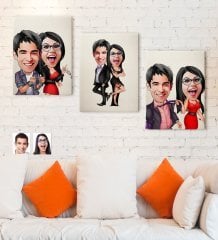 Kişiye Özel 3'lü Sevgililer Karikatürlü Kanvas Tablo Seti 30x50cm-4