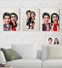 Kişiye Özel 3'lü Sevgililer Karikatürlü Kanvas Tablo Seti 30x50cm-4