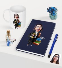 Kişiye Özel Bayan Avukat Karikatürlü Lacivert Defter Kalem Kupa Seti - 2