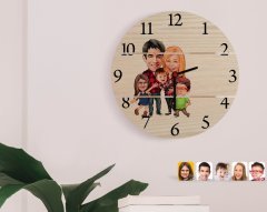 Kişiye Özel Aile Karikatürlü Otantik Ahşap Palet Saat-5