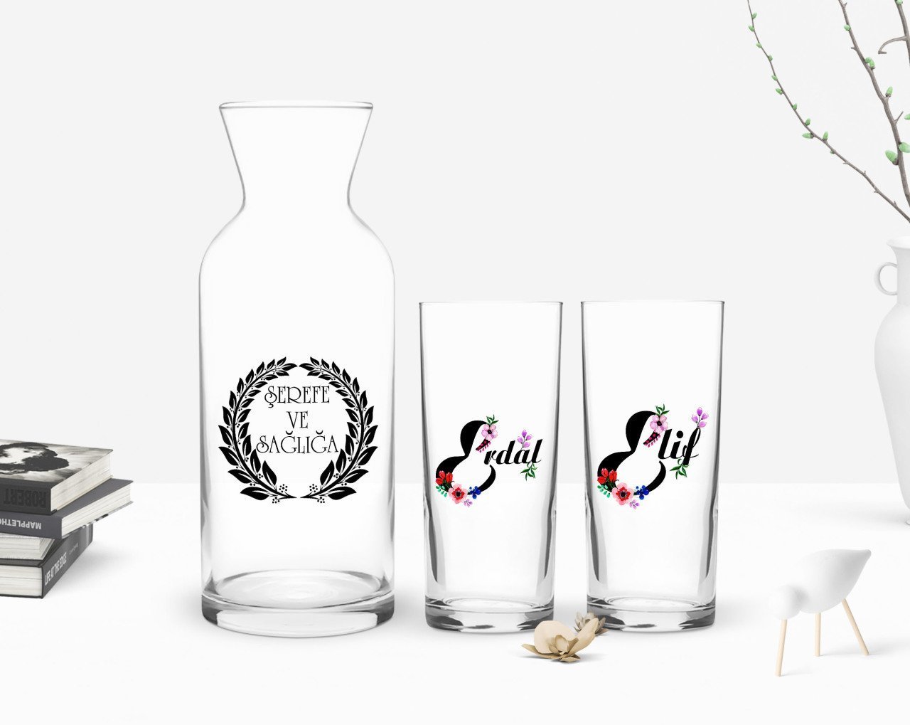 Kişiye Özel Renkli Baskılı Harfli İkili Rakı Bardağı ve Karaf Hediye Seti-3