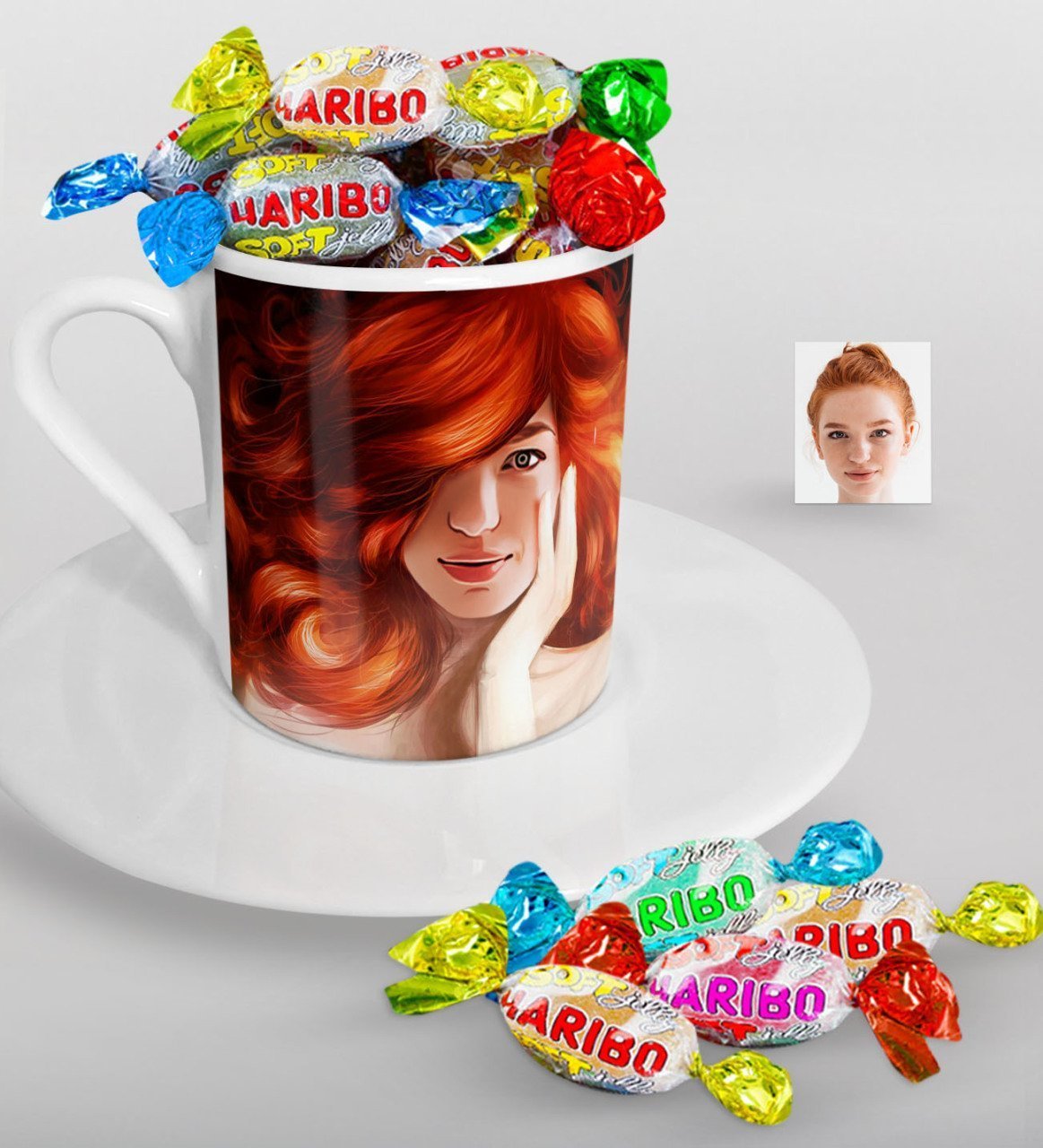 Kişiye Özel Bayan Karikatürlü Türk Kahvesi Fincanı ve Haribo Şeker Hediye Seti-45