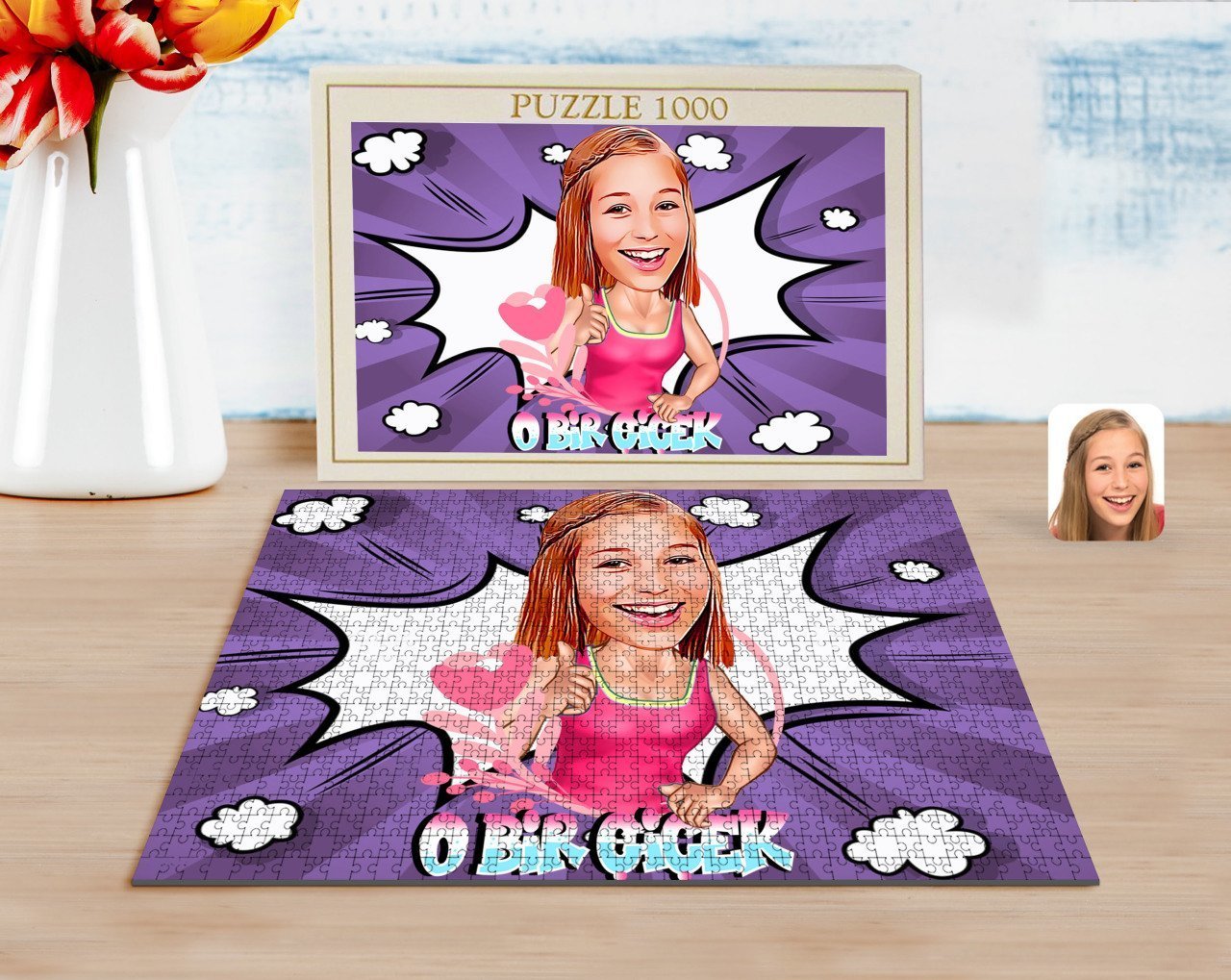 Kişiye Özel O Bir Çiçek Karikatürlü 1000 Parça Profesyonel Puzzle-1