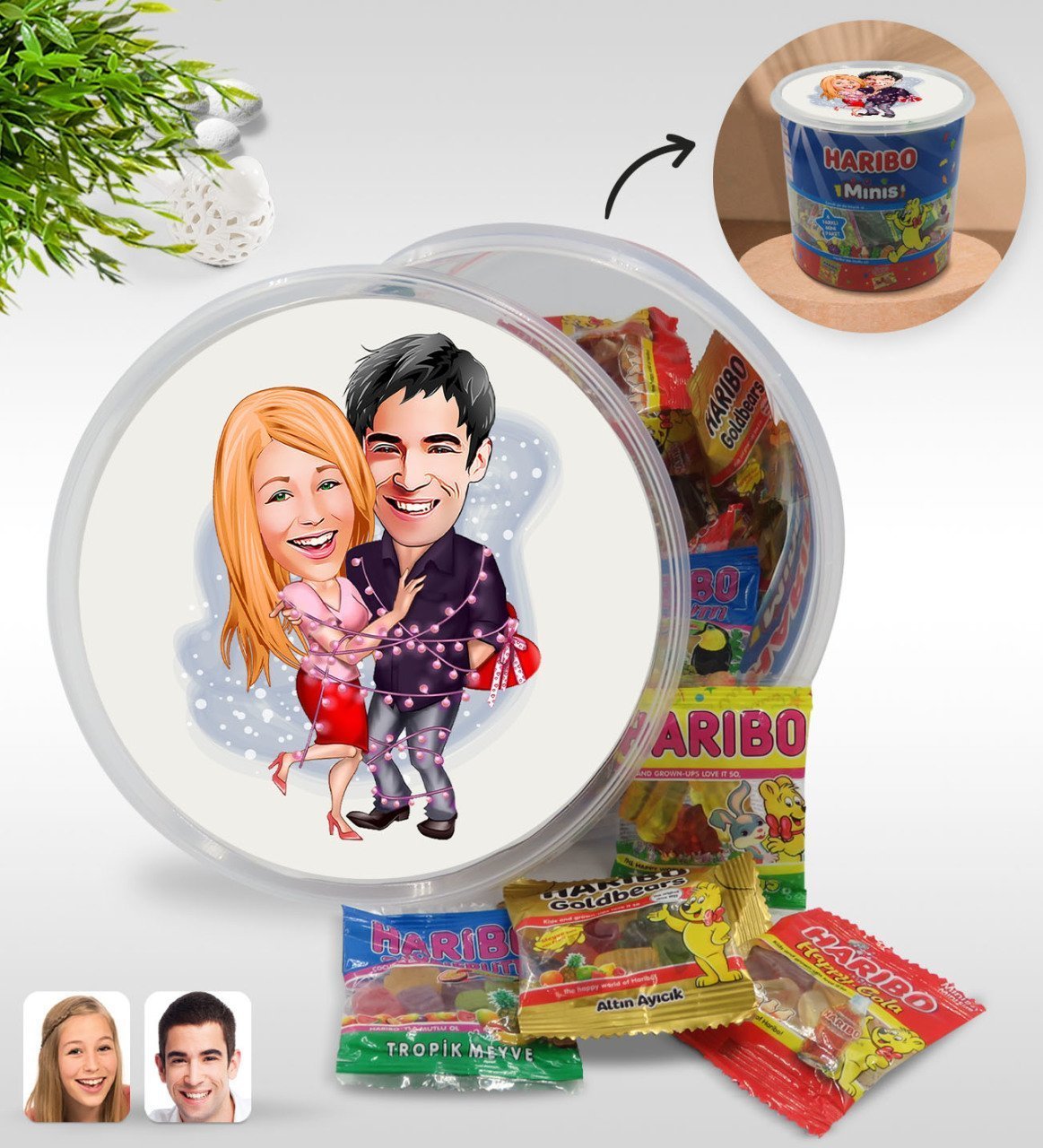 Kişiye Özel Sevgililer Karikatürlü Dev Boy Haribo Minis Kovası (10gx100adet) Model 2