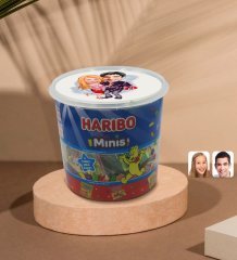 Kişiye Özel Sevgililer Karikatürlü Dev Boy Haribo Minis Kovası (10gx100adet) Model 2