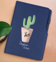 BK Gift Kişiye Özel Kaktüs Tasarımlı Lacivert Termo Deri Not Defteri 15x21cm-5