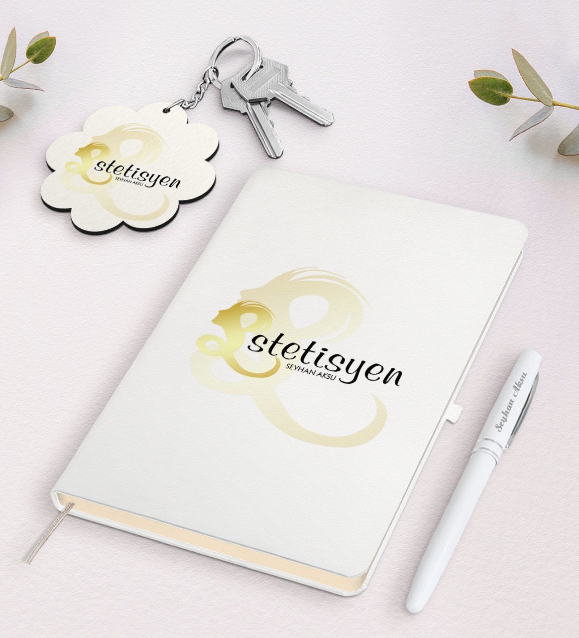 Kişiye Özel Estetisyen Beyaz Defter Kalem Ve Anahtarlık Hediye Seti-1