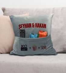 BK Gift Kişiye Özel Tasarımlı Organizer Kumanda ve Atıştırmalık Cepli Gri Kırlent Yastık- 1, Ev Dekoru, Ev Hediyesi