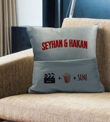 BK Gift Kişiye Özel Tasarımlı Organizer Kumanda ve Atıştırmalık Cepli Gri Kırlent Yastık- 1, Ev Dekoru, Ev Hediyesi