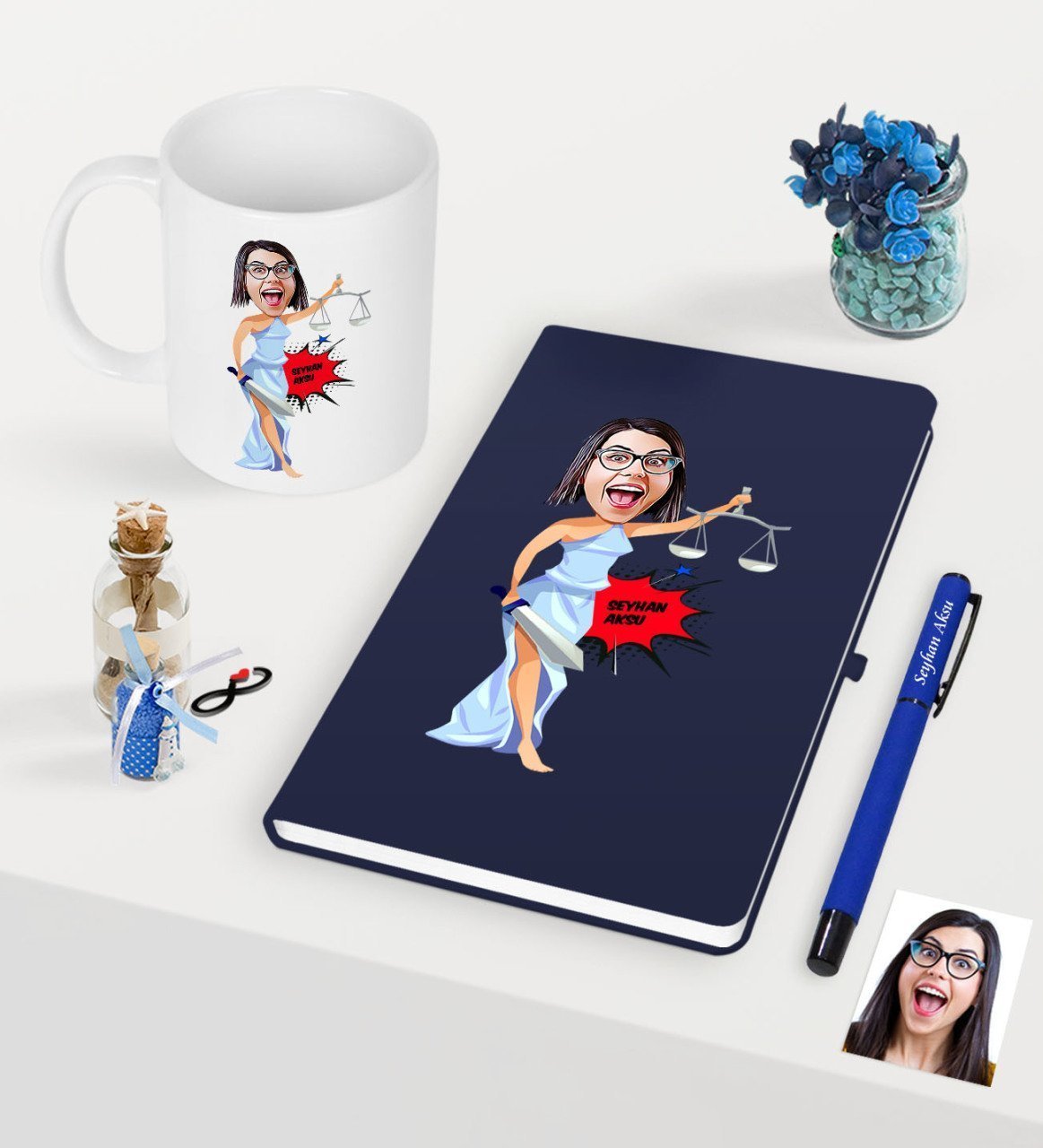 Kişiye Özel Bayan Avukat Karikatürlü Lacivert Defter Kalem Kupa Seti - 1