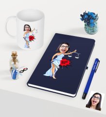 Kişiye Özel Bayan Avukat Karikatürlü Lacivert Defter Kalem Kupa Seti - 1