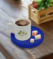 Kişiye Özel Mavi Sunum Tabaklı Papatya Temalı Türk Kahvesi Fincanı Model 4