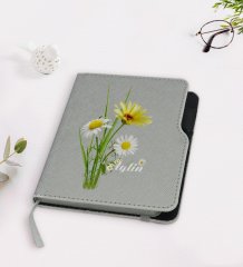 Kişiye Özel Papatya Temalı Gri Termo Deri Defter-11