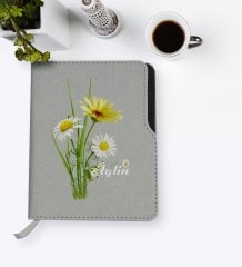 Kişiye Özel Papatya Temalı Gri Termo Deri Defter-11