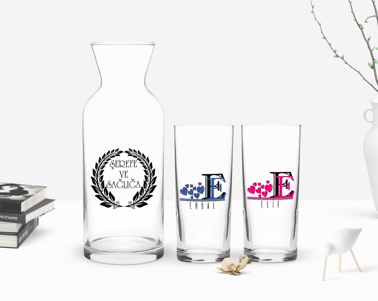 Kişiye Özel Renkli Baskılı Harfli İkili Rakı Bardağı ve Karaf Hediye Seti-2