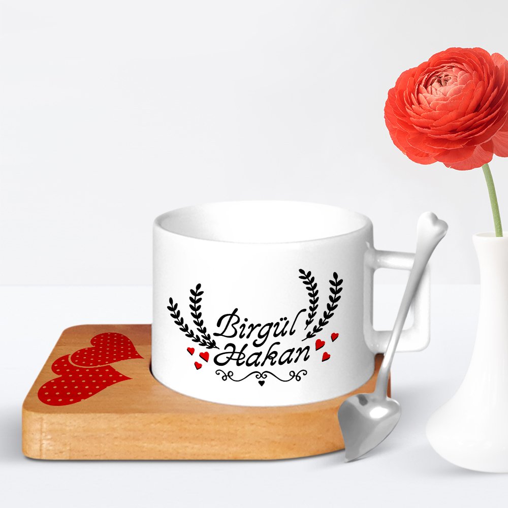 Kişiye Özel Sevgililer Günü Tasarımlı Ahşap Altlıklı Seramik Fincan - 32