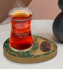 Kişiye Özel Mermer Tasarımlı Doğal Ahşap Tabaklı Heybeli Çay Bardağı Sunum Seti Model 10