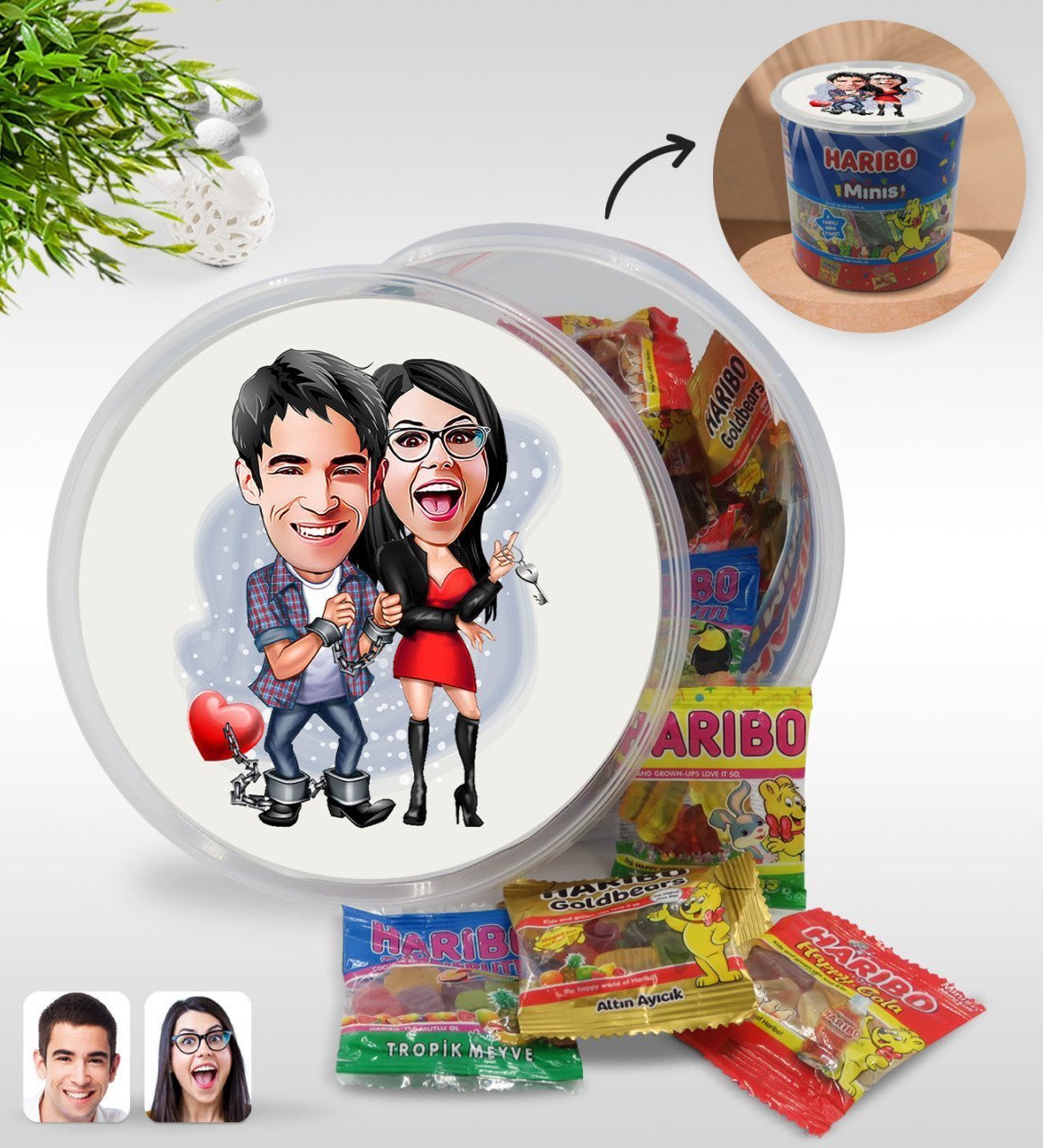 Kişiye Özel Sevgililer Karikatürlü Dev Boy Haribo Minis Kovası (10gx100adet) Model 1