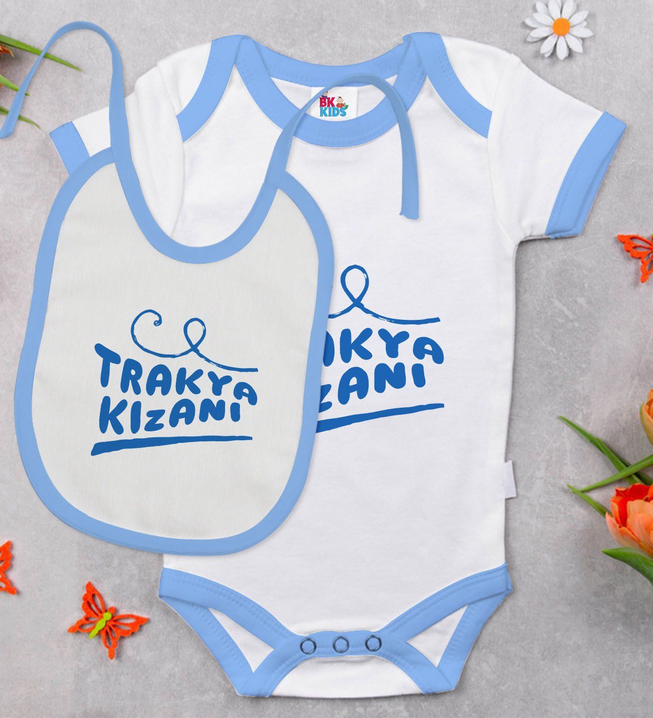 BK Kids Trakya Kızanı Tasarımlı Mavi Bebek Body Zıbın ve Mama Önlüğü Hediye Seti-1