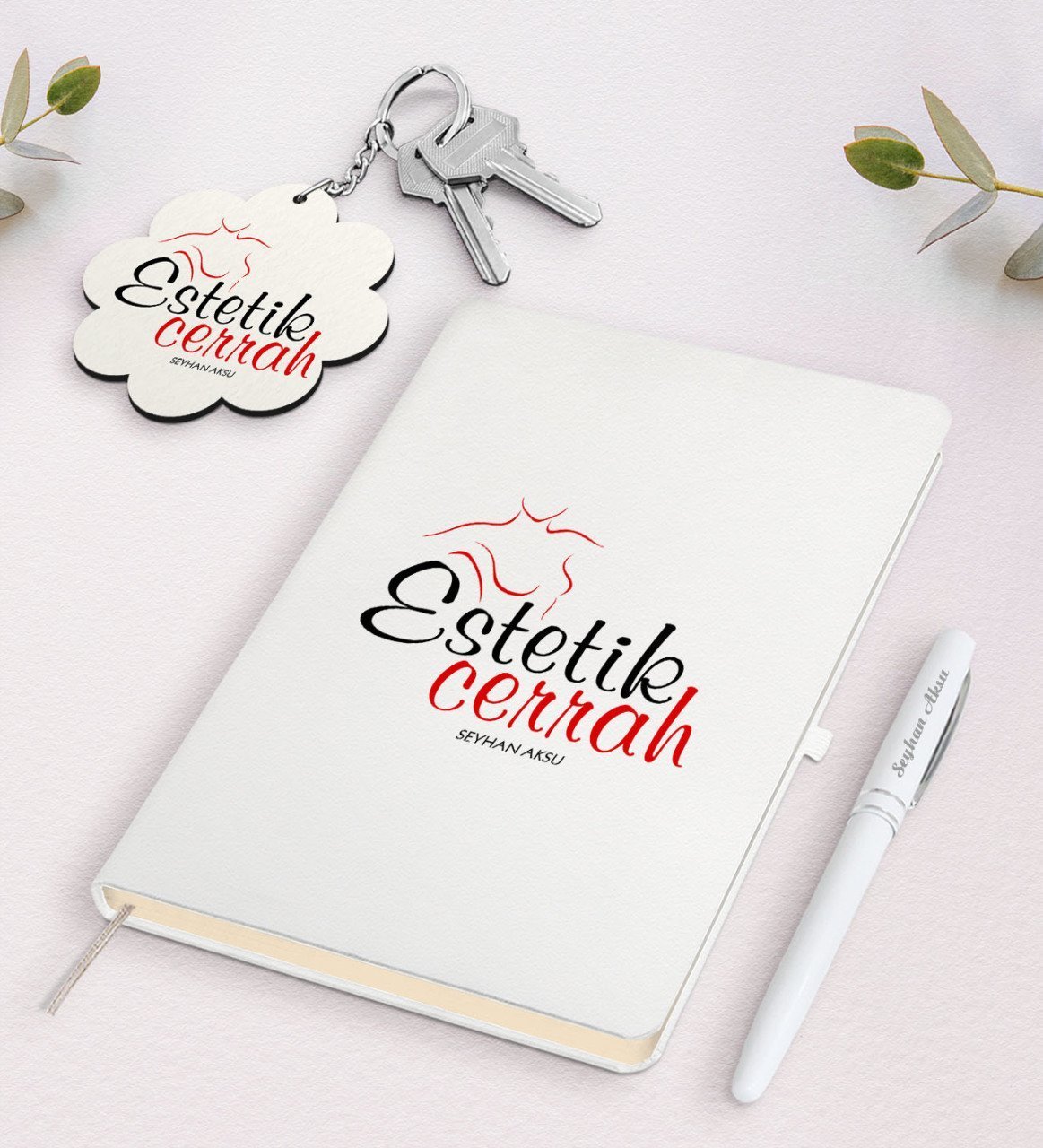 Kişiye Özel Estetik Cerrah Beyaz Defter Kalem Ve Anahtarlık Hediye Seti