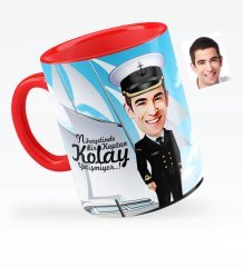 Kişiye Özel Bay Deniz Kaptanı Karikatürlü Kırmızı Kupa Bardak - 1