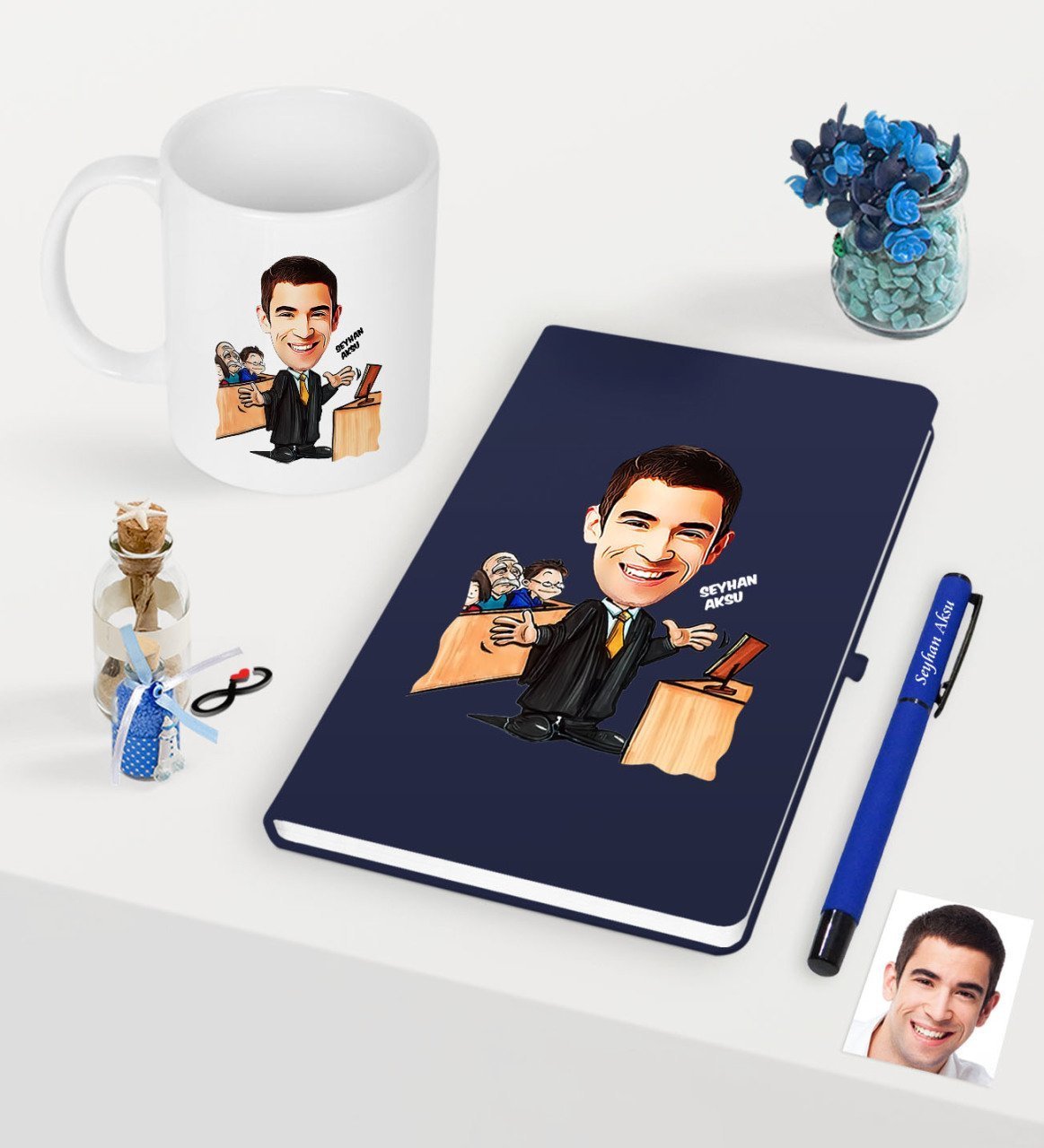 Kişiye Özel Bay Avukat Karikatürlü Lacivert Defter Kalem Kupa Seti - 3