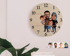 Kişiye Özel Tesettürlü Aile Karikatürlü Otantik Ahşap Palet Saat-3