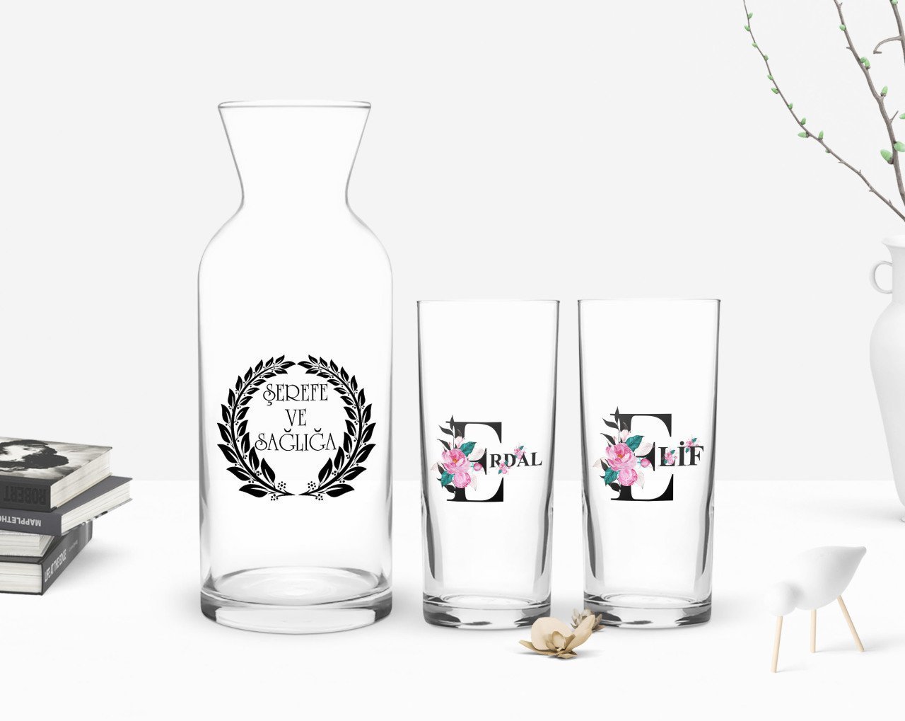 Kişiye Özel Renkli Baskılı Harfli İkili Rakı Bardağı ve Karaf Hediye Seti-1