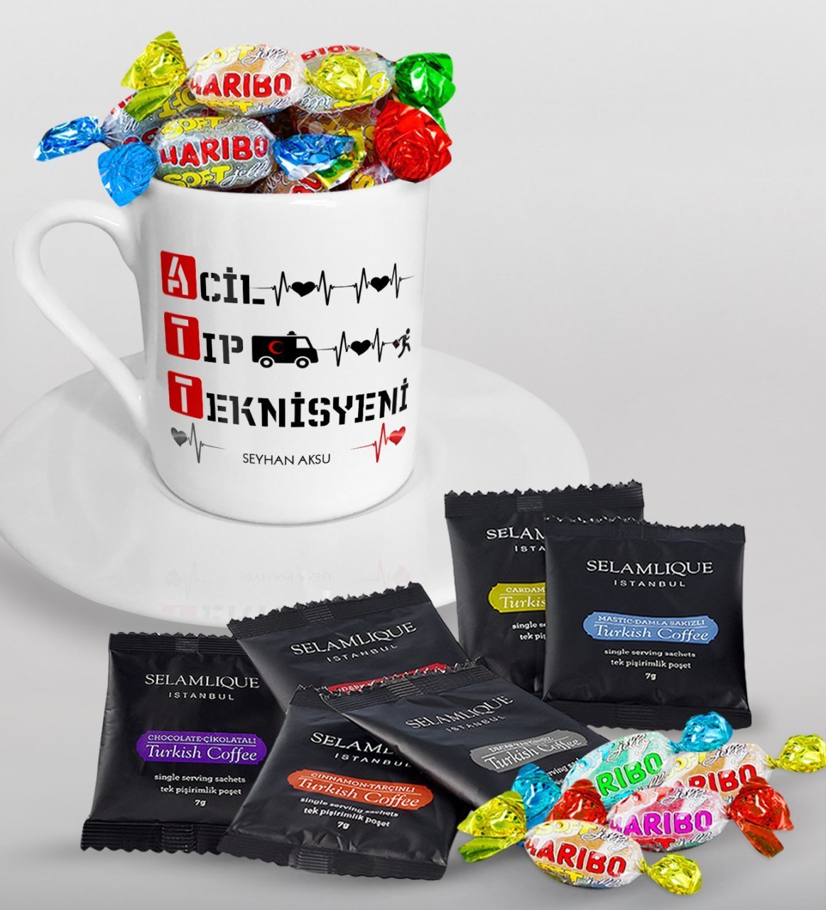 Kişiye Özel Acil Tıp Teknisyeni Türk Kahvesi Fincanı Selamlique Karışık Türk Kahvesi ve Haribo Şeker Hediye Seti-3