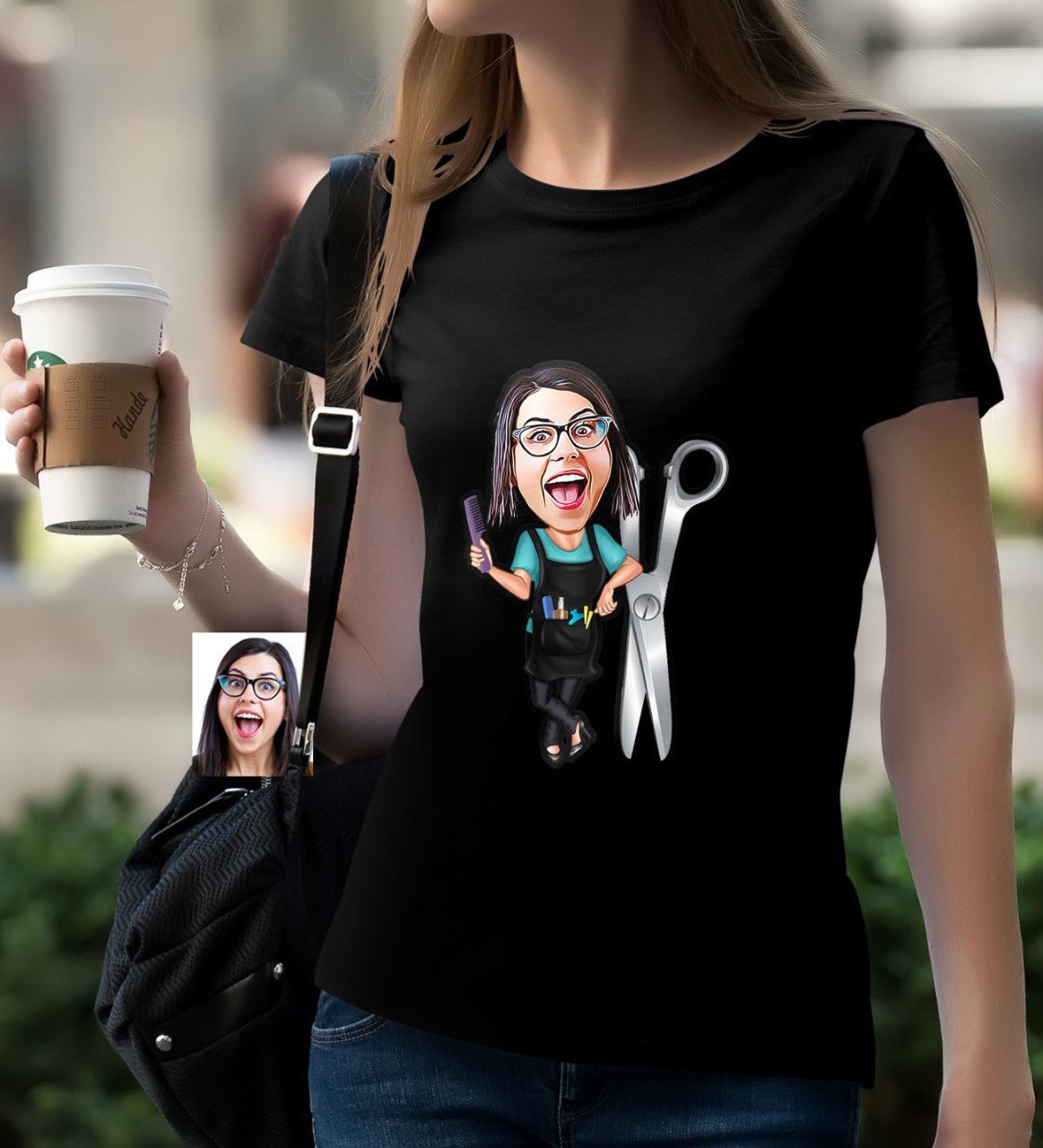 Kişiye Özel Bayan Kuaför Karikatürlü Siyah T-Shirt