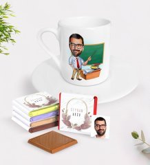 Kişiye Özel Erkek Öğretmen Karikatürlü Türk Kahvesi Fincanı ve Çikolata Hediye Seti-1