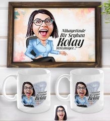 Kişiye Özel Kadın Nihayetinde Karikatürlü Doğal Ahşap Tepsi ve 2’li Kupa Bardak Seti-2