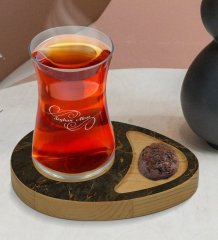 Kişiye Özel Mermer Tasarımlı Doğal Ahşap Tabaklı Heybeli Çay Bardağı Sunum Seti Model 9