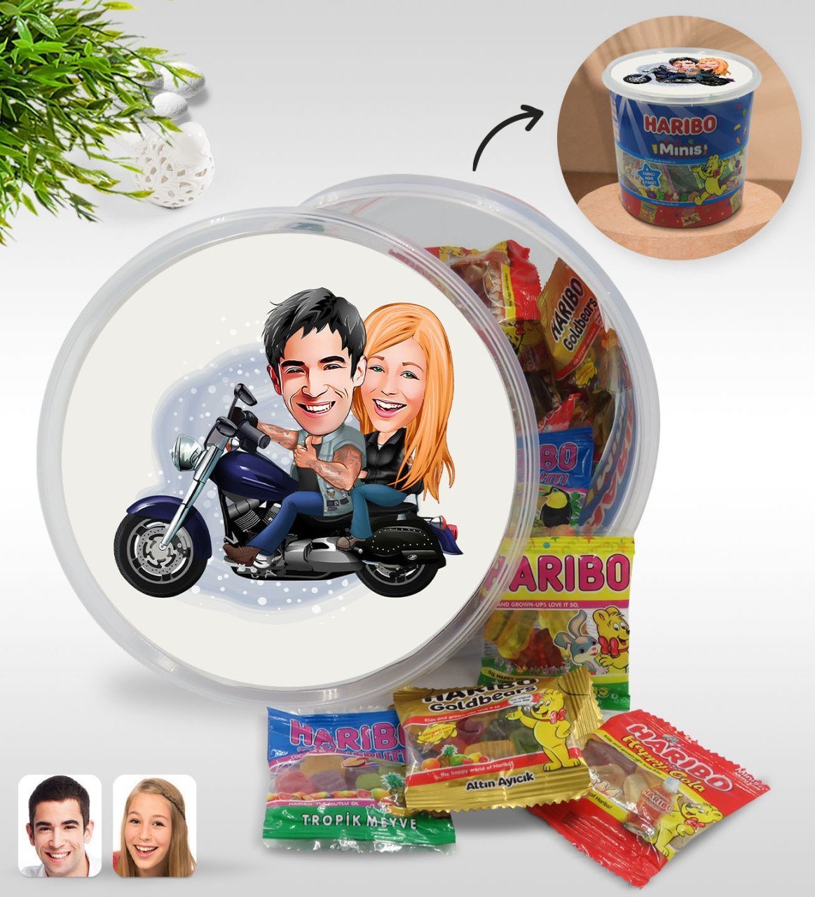 Kişiye Özel Motorcu Sevgililer Karikatürlü Dev Boy Haribo Minis Kovası (10gx100adet) Model 1
