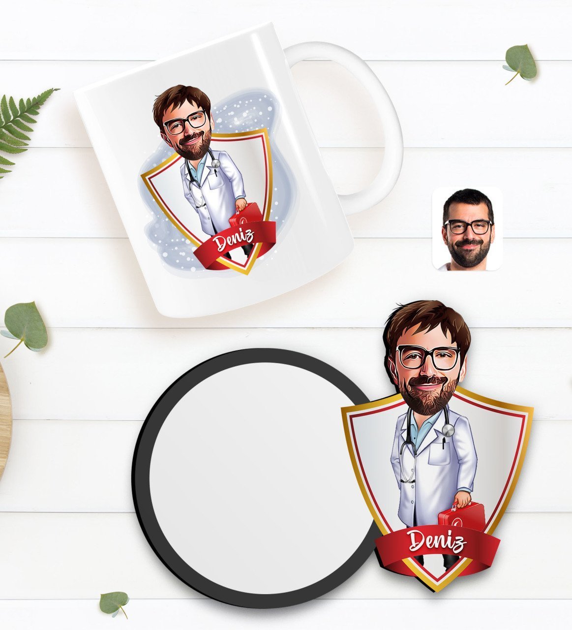 Kişiye Özel Erkek Acil Tıp Teknisyeni Karikatürlü Beyaz Kupa ve Ahşap Bardak Altlığı Hediye Seti-1