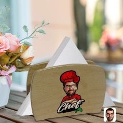 Kişiye Özel Erkek Chef Karikatürlü Lüks Ahşap Peçetelik-10