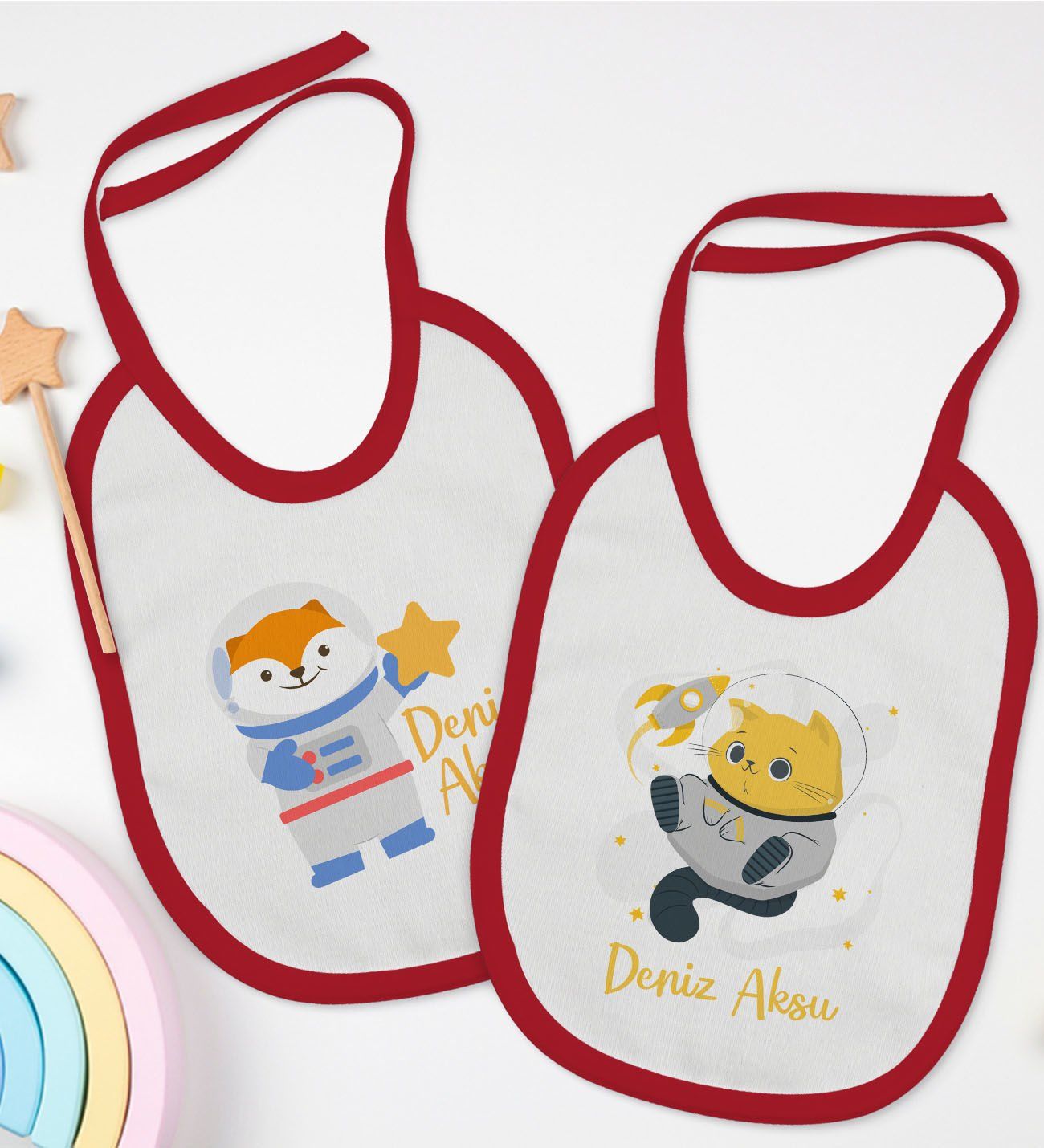 BK Kids Kişiye Özel Sevimli Astronot Tasarımlı 2’li Kırmızı Mama Önlüğü-1