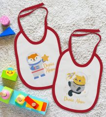BK Kids Kişiye Özel Sevimli Astronot Tasarımlı 2’li Kırmızı Mama Önlüğü-1