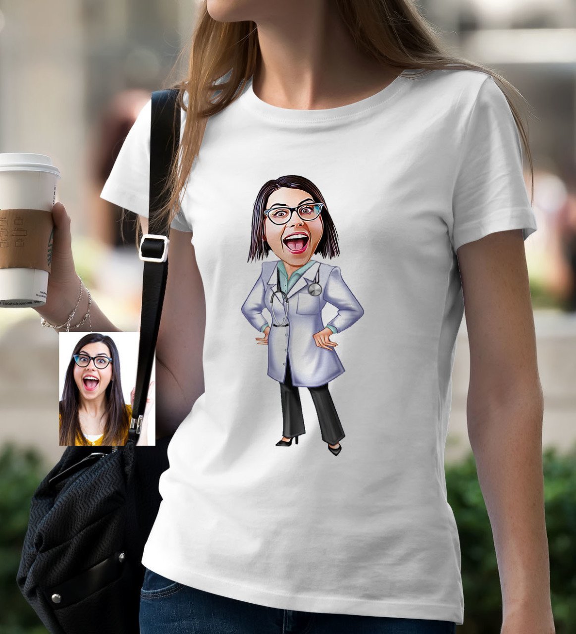 Kişiye Özel Bayan Doktor Karikatür Beyaz Tişört - 1