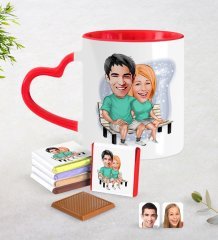 Kişiye Özel Sevgililer Karikatürlü Kırmızı Kalpli Kupa ve Çikolata Seti-55