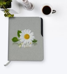 Kişiye Özel Papatya Temalı Gri Termo Deri Defter-4
