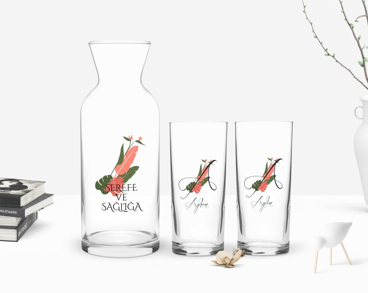 Kişiye Özel Renkli Baskılı Harf ve İsim Tasarımlı İkili Rakı Bardağı ve Karaf Hediye Seti-5